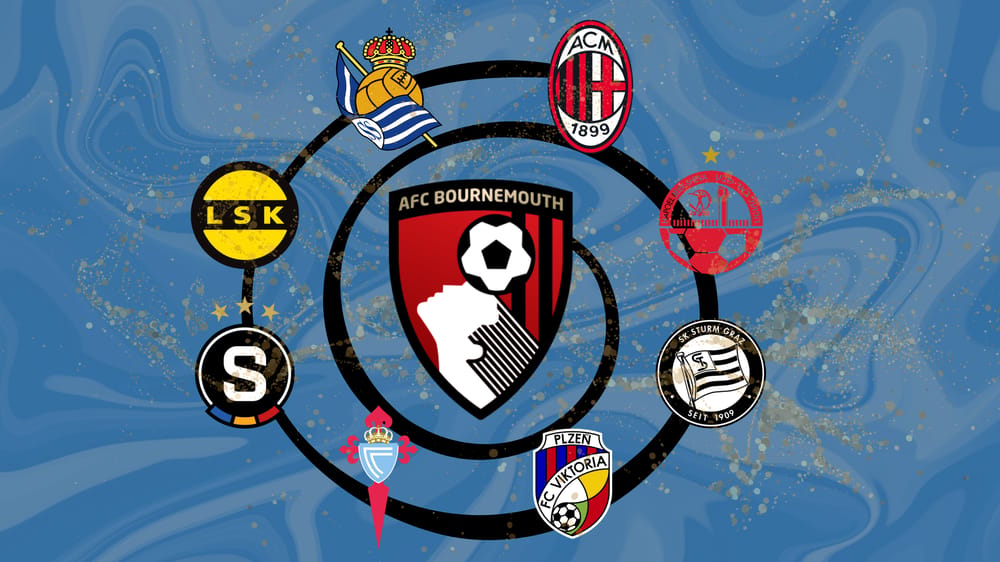 A graphic with the AFC Bournemouth badge at the centre, with a spiral of opponents' badges around it