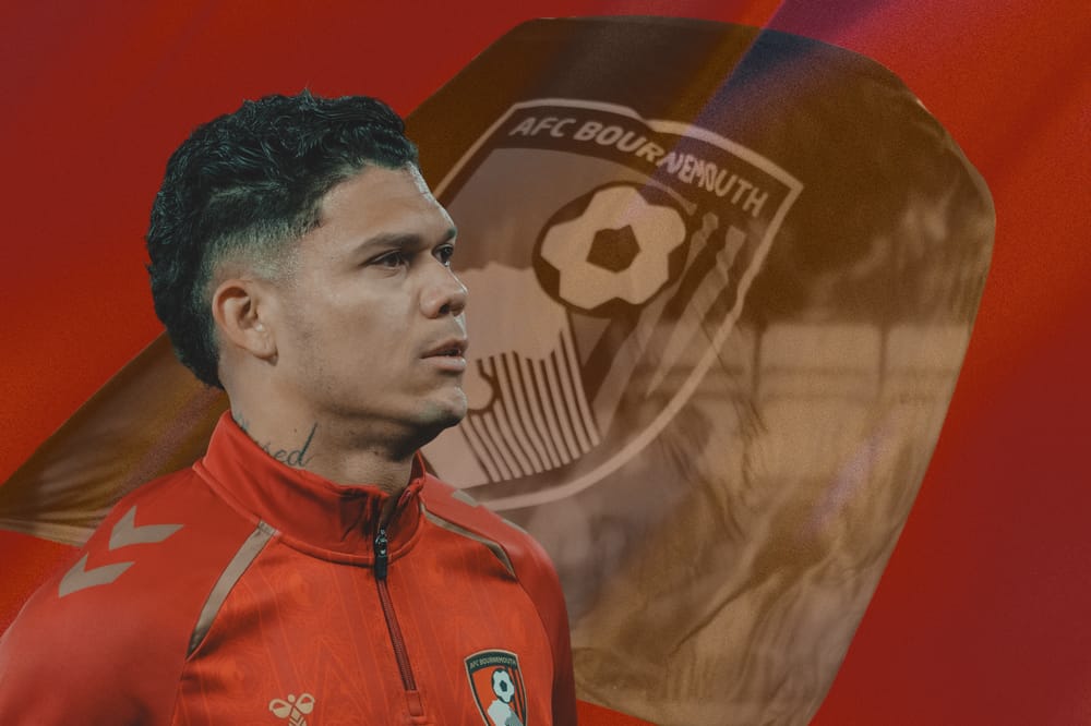 A graphic showcasing AFC Bournemouth striker Evanilson in front of a flag showcasing the AFC Bournemouth flag