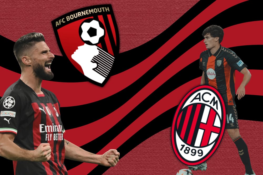 A graphic showing Olivier Giroud in an AC Milan shirt, Antonio Silva in an AFC Bournemouth shirt, and the AFC Bournemouth and AC Milan badges