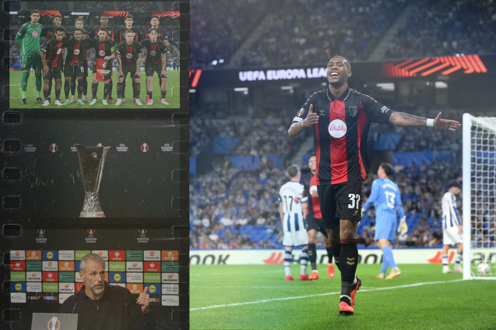 A graphic showcasing moments from AFC Bournemouth's first Europa League game