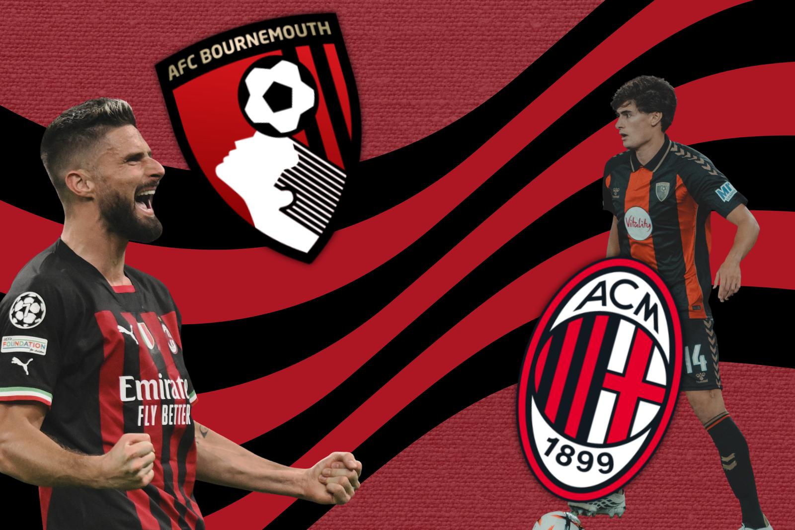 A graphic showing Olivier Giroud in an AC Milan shirt, Antonio Silva in an AFC Bournemouth shirt, and the AFC Bournemouth and AC Milan badges