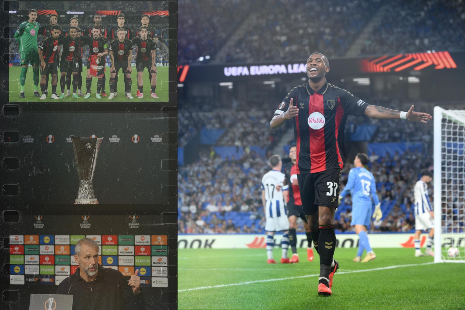 A graphic showcasing moments from AFC Bournemouth's first Europa League game