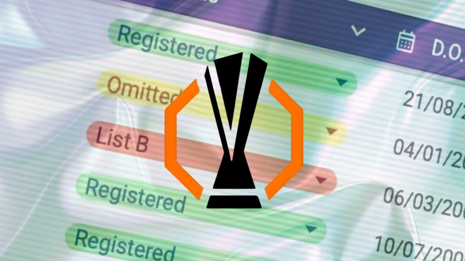 A graphic showing the Europa League logo and the mock-up of a squad registration screen.